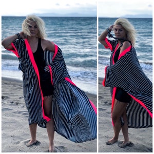 Wide Sleeve Boho Caftan Jacket,Striped Long Coat,Neon Kimono,Gypsy Kimono Robe,Neon Pink Jacket,Loose Casual Jacket,Boho Tribal Cardigan
