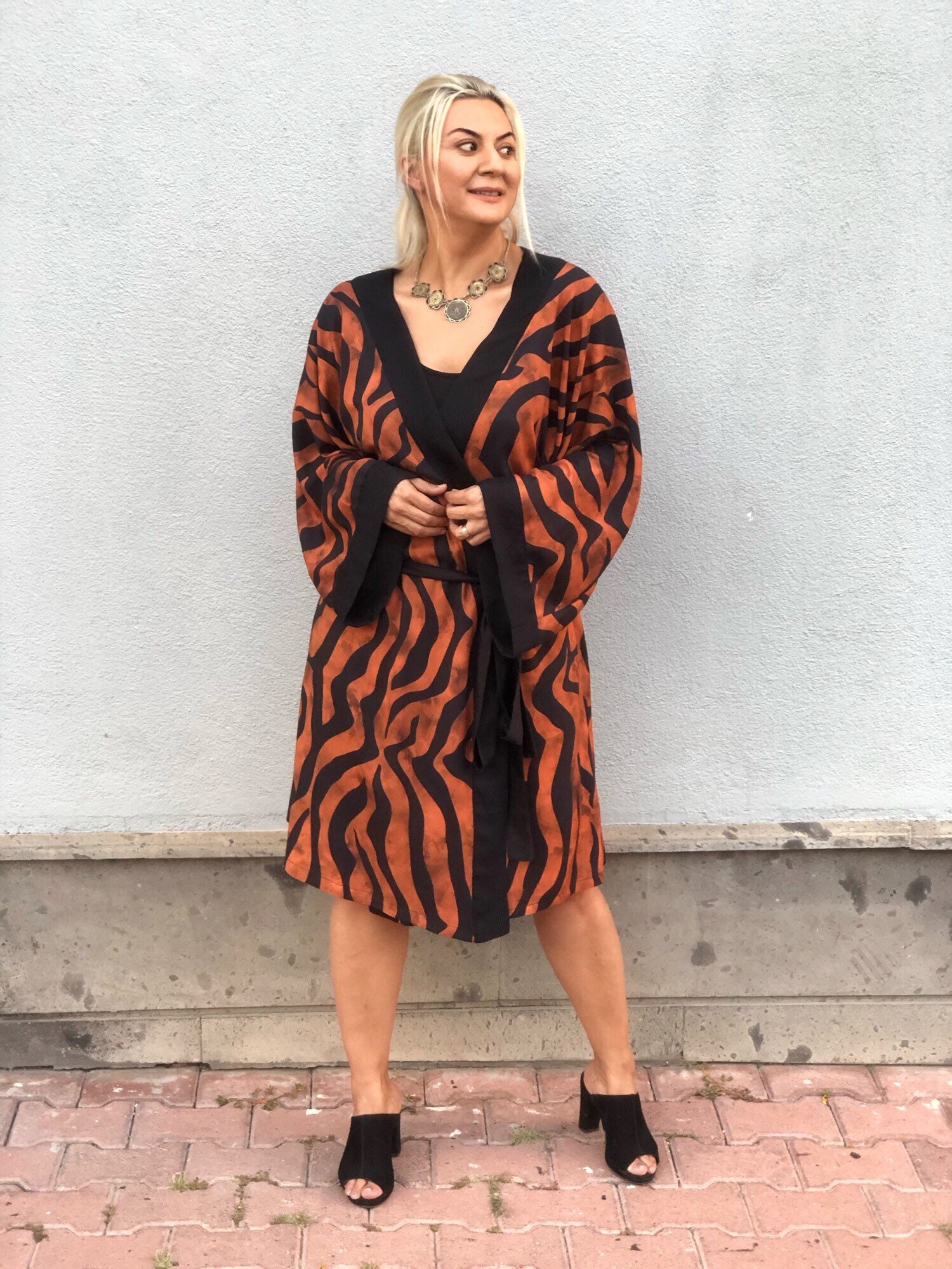 Tan Zebra Print Chiffon Kimono Cover Up with Tie Belt main image 1