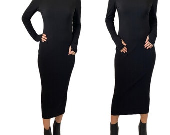 Silk Jersey Stretch Black Long Pencil Dress,Elegant Midi Dress,Black Evening Daily Dress,Bodycon Dress,Tight Dress,Long Sleeve Dress,Sexy