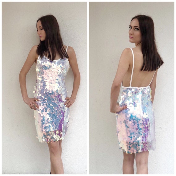white holographic sequin dress