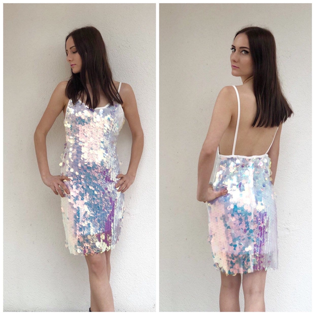 white sequin backless dress