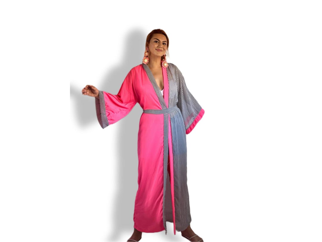 Flowy Chiffon Kimono Robe, Hand-sewn Pink and Striped Maxi Kaftan ...