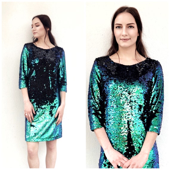 blue and green sequin dress