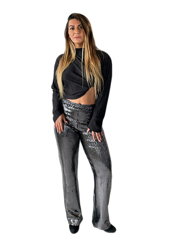 Metallic Silver Flare Leggings Tights Bell Bottom Pants 70's Spandex  Stretch Shiny Lame Chrome 