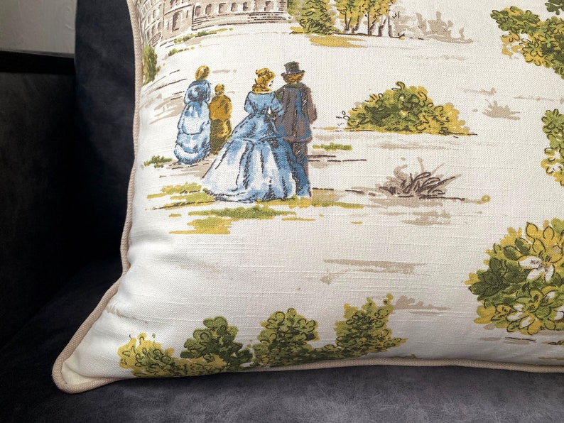 Rustic Toile Decorative Throw Pillow Cushion Cover Farmhouse Cottage Toile De Jouy yellow green beige decor french 16*24 inch