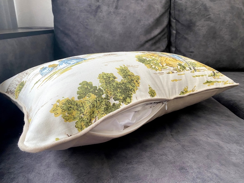 Rustic Toile Decorative Throw Pillow Cushion Cover Farmhouse Cottage Toile De Jouy yellow green beige decor french 16*24 inch