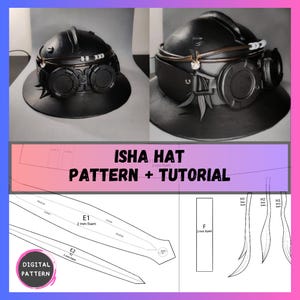 May include: Black steampunk-style hat with goggles and a wide brim. The hat features intricate details and is accompanied by a pattern and tutorial. The text "ISHA HAT PATTERN + TUTORIAL" is visible.