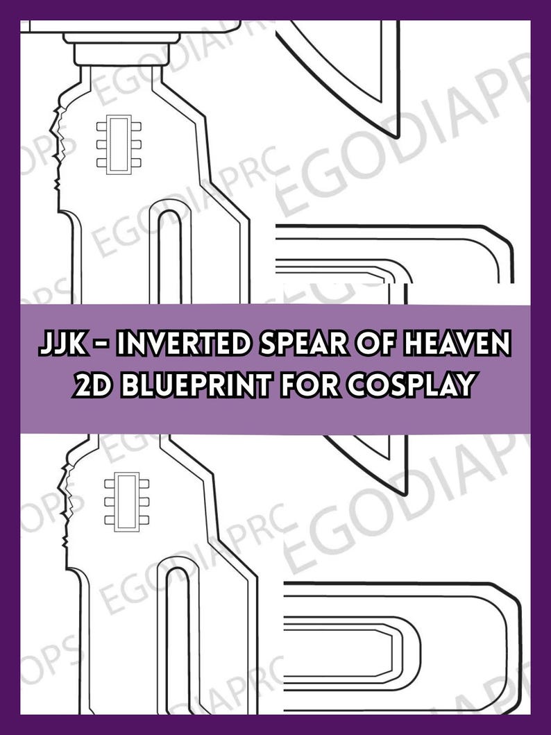 May include: A black and white 2D line art blueprint for a weapon, featuring a jagged blade edge and geometric handle details. The central purple banner displays the text: JJK - INVERTED SPEAR OF HEAVEN 2D BLUEPRINT FOR COSPLAY. The design is repeated twice.