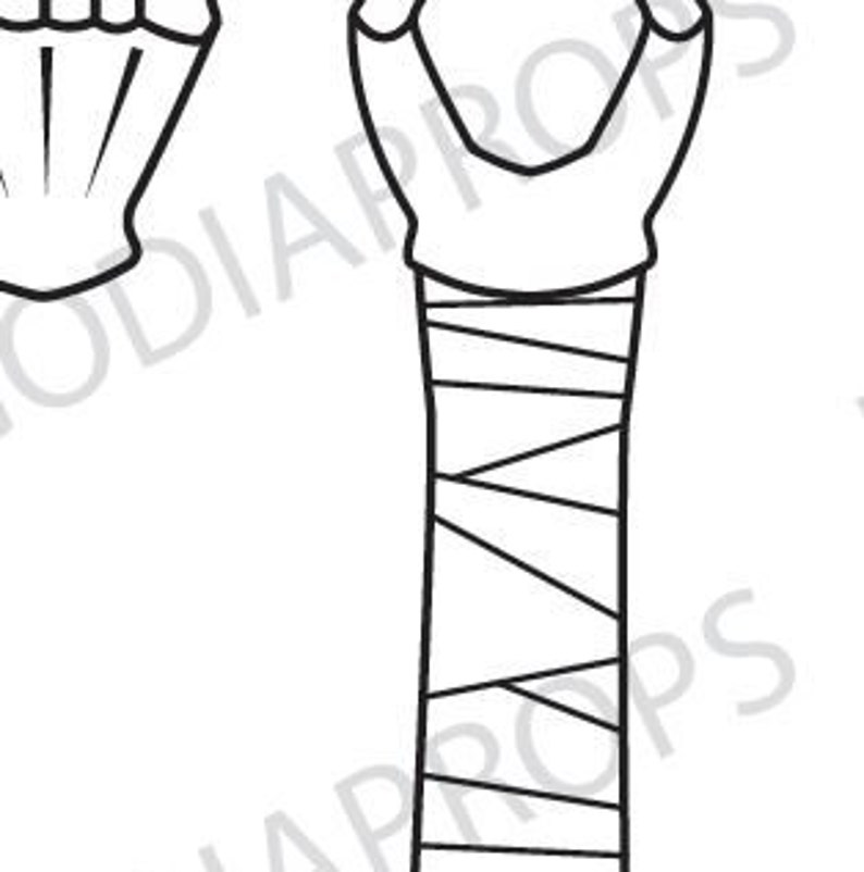 May include: A black and white line drawing of a hand with a bandage wrapped around the forearm. The hand is in a fist position with the fingers curled inward.