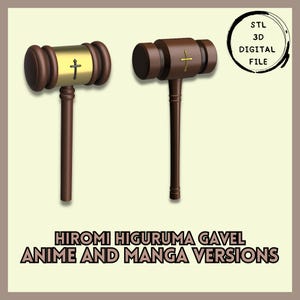 Könnte beinhalten: Zwei Hämmer, einer mit goldenem Kopf und der andere mit braunem Kopf, jeweils mit einem Kreuzdesign. Das Bild enthält den Text "STL 3D DIGITAL FILE" und "HIROMI HIGURUMA GAVEL ANIME AND MANGA VERSIONS".