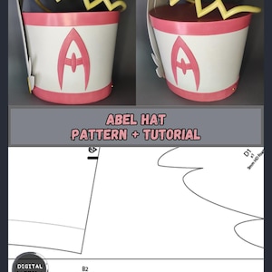 May include: A white and pink Abel hat with a yellow crown and the letter "A" on the front. The image also includes a pattern and tutorial for the hat. The text "ABEL HAT PATTERN + TUTORIAL" is displayed.