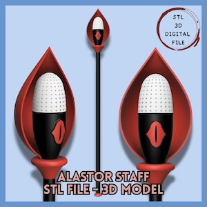 Peut inclure: Fichier numérique 3D du bâton d'Alastor. Le bâton a un poteau noir avec un dessus rouge et noir. Le dessus a une forme ovale blanche perforée à l'intérieur d'un motif en forme de flamme rouge. Le texte "STL 3D DIGITAL FILE" est dans un cercle.