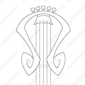 Op de afbeelding: Een zwart-witte lijntekening van een gestileerde harp. De harp heeft een decoratieve bovenkant met vijf cirkelvormige elementen, een centraal gedeelte met drie kleine cirkels en gebogen, symmetrische zijkanten met scroll-achtige details.