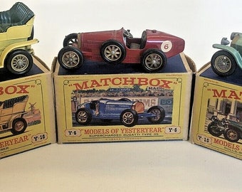 3 x vintage matchbox cars spyker, rolls royce, bugatti, all boxed rare originals