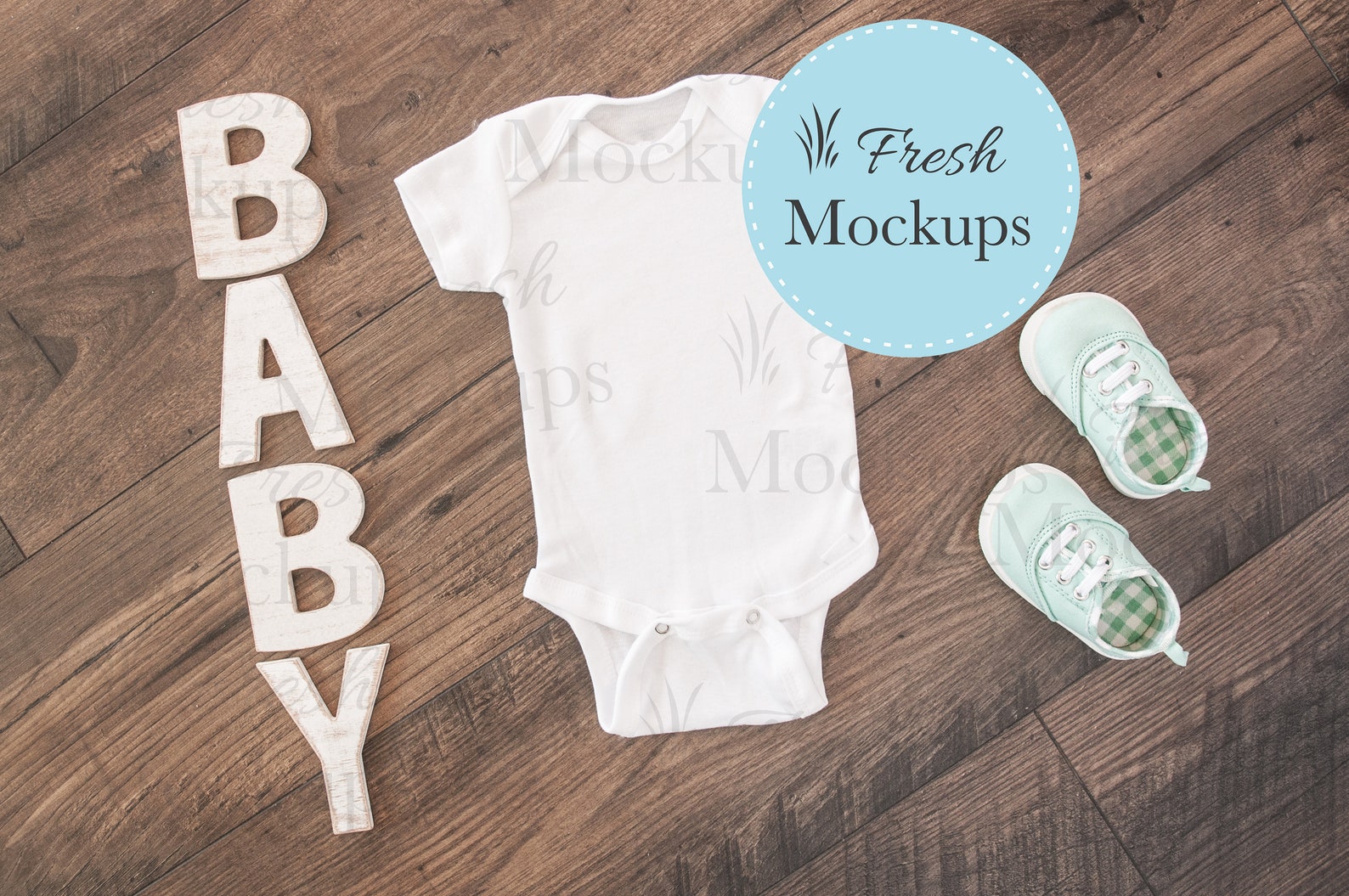 Bodysuit One Piece Baby Rustic Mockup with Sea Green Shoes
