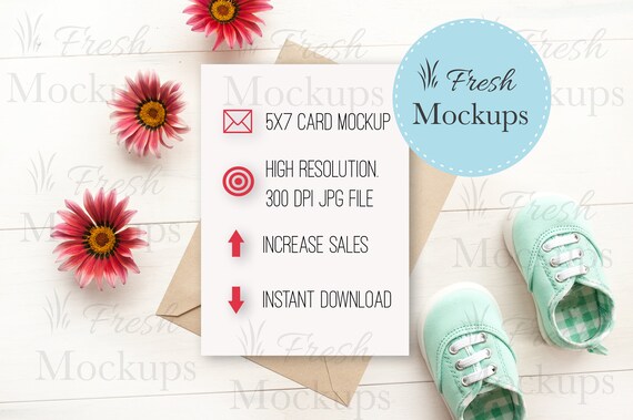 Baby Greeting Card Mockup With Flowers And Baby Shoes On White Etsy