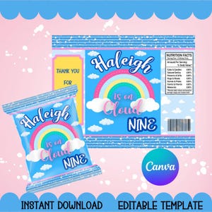 May include: A blue and pink birthday party favor design with the text "Haleigh is on Cloud Nine." The design includes a rainbow, clouds, and the words "Thank You For." The words "Instant Download Editable Template" are at the bottom.