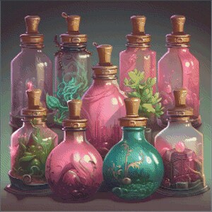 May include: A collection of eight glass bottles with cork stoppers and various colored liquids. The bottles are filled with different types of plants and flowers. The bottles are arranged in a row on a wooden surface.