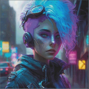 May include: A woman with blue and pink hair wearing a black leather jacket and headphones. She has a futuristic look with glowing makeup and is standing in front of a neon-lit city background.