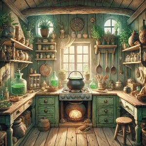 Puede incluir: Una cocina rústica con armarios verdes, estantes de madera y una estufa de hierro fundido. Hay varias hierbas y especias en los estantes, así como un gran caldero colgado sobre la estufa.