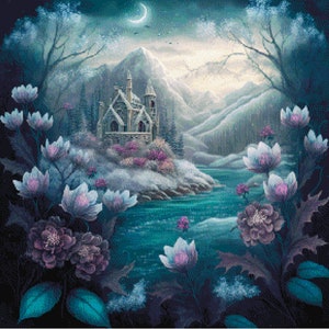 May include: A digital art print of a fantasy landscape featuring a castle on a small island. The scene is set at night with a crescent moon, mountains, and a body of water. Flowers with purple and white petals frame the scene.