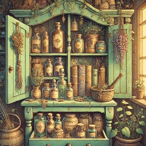 May include: A vintage green wooden cabinet with shelves filled with glass bottles and jars. The cabinet has a small drawer at the bottom and is decorated with dried herbs and flowers.