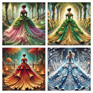 May include: Four images of a woman in a ball gown, each image representing a different season. The first image shows the woman in a green and pink gown in a garden setting with green foliage. The second image shows the woman in a green and gold gown in a garden setting with sunflowers. The third image shows the woman in a red and orange gown in a forest setting with autumn leaves. The fourth image shows the woman in a blue and white gown in a winter setting with snow-covered trees.