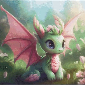 May include: A green dragon with pink wings and a flower crown sits in a green grassy field with pink flowers.