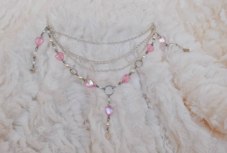 Korean Fashion Y2K Goth Pink Bowknot Heart Pendant Pearl Beaded Clavicle  Chain Necklace Women Aesthetic EMO Jewelry Accessories