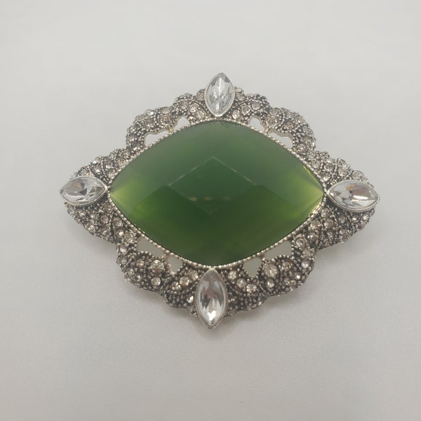 Green Napier brooch with white rhinestones #618