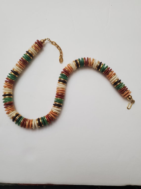 Vintage plastic bead necklace - flat plastic roun… - image 2
