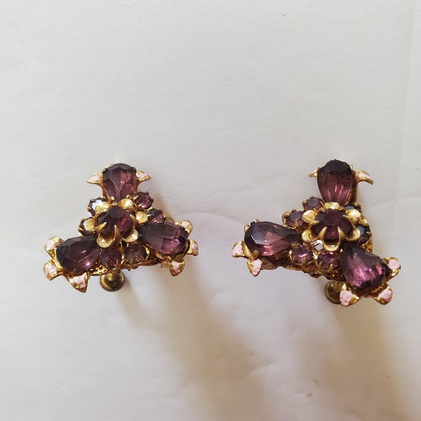 Vintage Czecho earrings / purple rhinestone and enamel earrings / screw back earrings