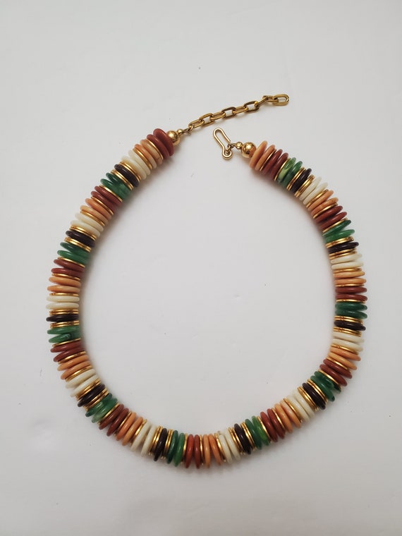 Vintage plastic bead necklace - flat plastic roun… - image 1