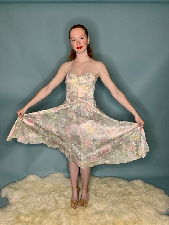 XS 1980's Floral Strapless Garden Party Dress