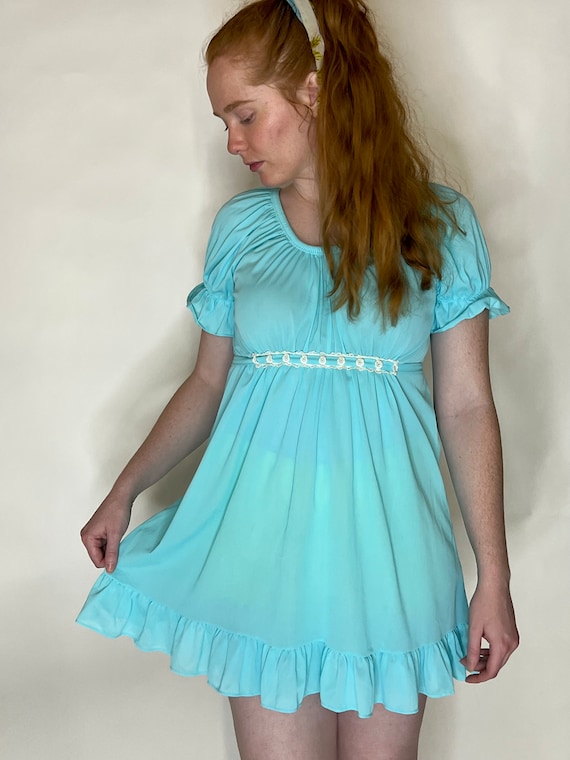 Darling Teal 1960's Baby Doll Nightgown Dress - image 4
