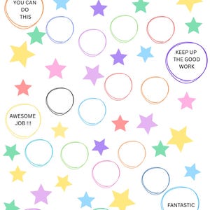 May include: A white reward chart featuring a design of colorful stars and circles. Text includes "Superstar In training", "You can do this", "Awesome job!!!", "Woohoo you're a superstar", "Keep up the good work", and "Fantastic".