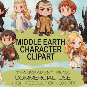Pode incluir: Uma coleção de cliparts de personagens da Terra Média em estilo cartoon. A imagem apresenta vários personagens com espadas e outros acessórios. O texto "MIDDLE EARTH CHARACTER CLIPART" é exibido de forma proeminente. A imagem também inclui o texto "TRANSPARENT PNGS COMMERCIAL USE HIGH RESOLUTION - 300 DPI."
