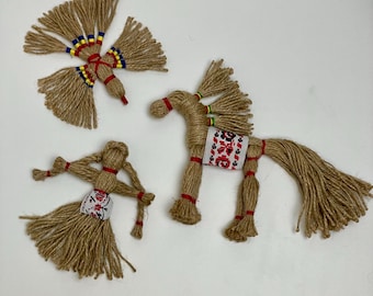 Conjunto de muñecas ucranianas Motanka – Caballo del Sol, Ave de la Felicidad, Berehynia – Amuleto eslavo hecho a mano, decoración folclórica ucraniana, regalo de protección
