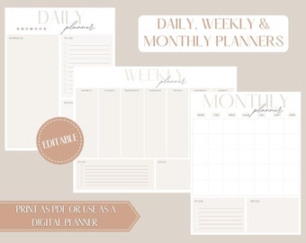 Daily Planner, Weekly Planner, Monthly Planner, Printable Planner Set, Instant Download, Printable Calendar, Digital Calendar, Planner PDF