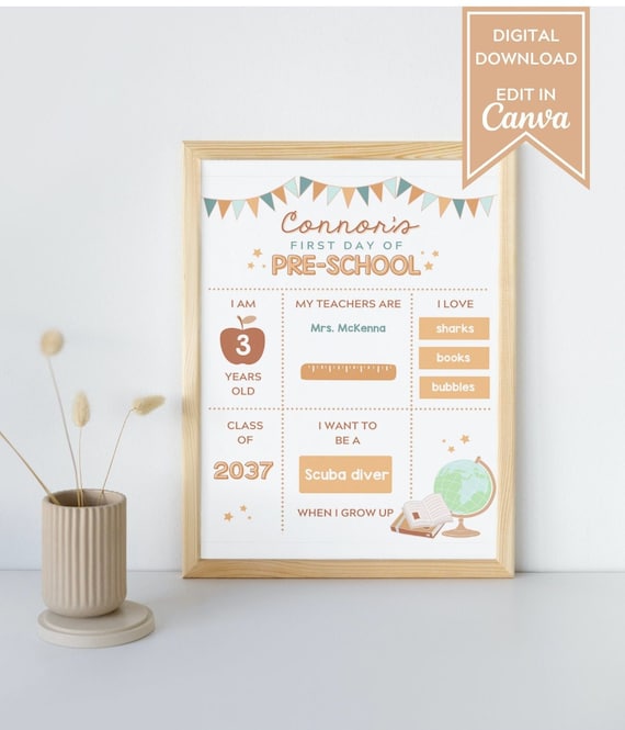 First Day of School Printable, Back to School Sign, First Day of School Sign, Digital Download, Editable, First Day of School Canva Template