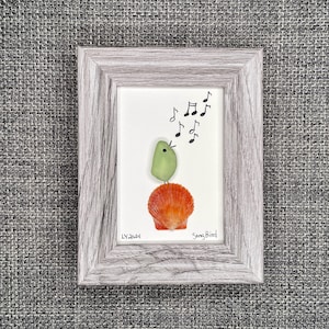 Song Bird, Framed Mini Art, Sea Glass Art, Seashell Art, Pebble Art, Music Art, Beach Art, Sea Glass Bird, Bird Art, Small Sea Glass Picture