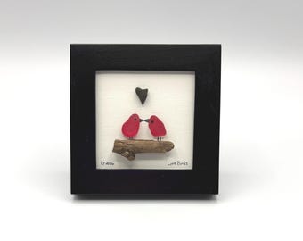 Love Birds Sea Glass Art – Handmade Romantic Decor – Framed Mini Art – Anniversary or Wedding Gift