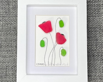 California Poppy, Sea Glass Art, Flowers, Mini Flower Art, Framed Mini Art, Home Decor, Pebble Art, Poppy Flower Art