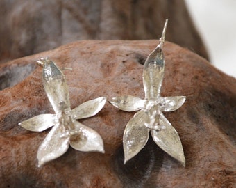 Sterling Silver Orchid Earrings - Medium Size Phalaenopsis Orchid Flower - Handcast - Solid Silver - Handmade- Wedding - Unique