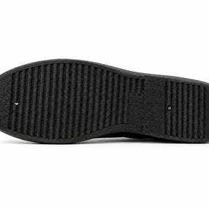 May include: A close-up of the sole of a black shoe. The sole is made of a textured, ridged material. The shoe is on a white background.