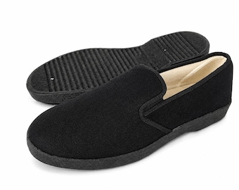 Men’s Black Canvas Slip-On Sneakers, Lightweight Casual Shoes, Everyday Walking Shoes, Comfortable Low Top Slip Ons, Black Sneakers 7206