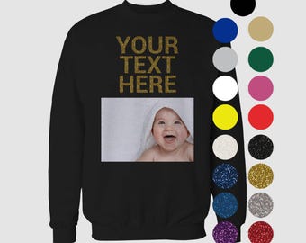 Custom Sweatshirt: Personalized Photo Print - Glitter Text Detail, Soft Cotton Blend, Gift for Mom or Dad