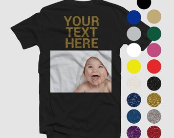 Custom Tshirt Photo Printing: Personalized Glitter Text Design, Soft Cotton (Unisex S-3XL, Lightweight)