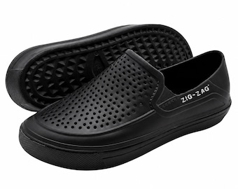Slip On Sneakers Casual Footwear - Mens Black Zig Zag Pattern Shoes - Breathable Canvas, Foam Sole, Lightweight Use