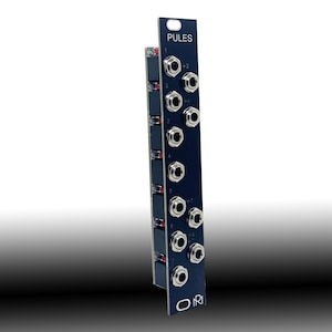 Könnte beinhalten: Ein dunkelblaues elektronisches Modul mit dem Wort „Pules“ oben aufgedruckt. Es verfügt über mehrere silberne Buchsen und rote Lichter. Das Modul hat eine rechteckige Form mit einem Loch oben zur Montage.